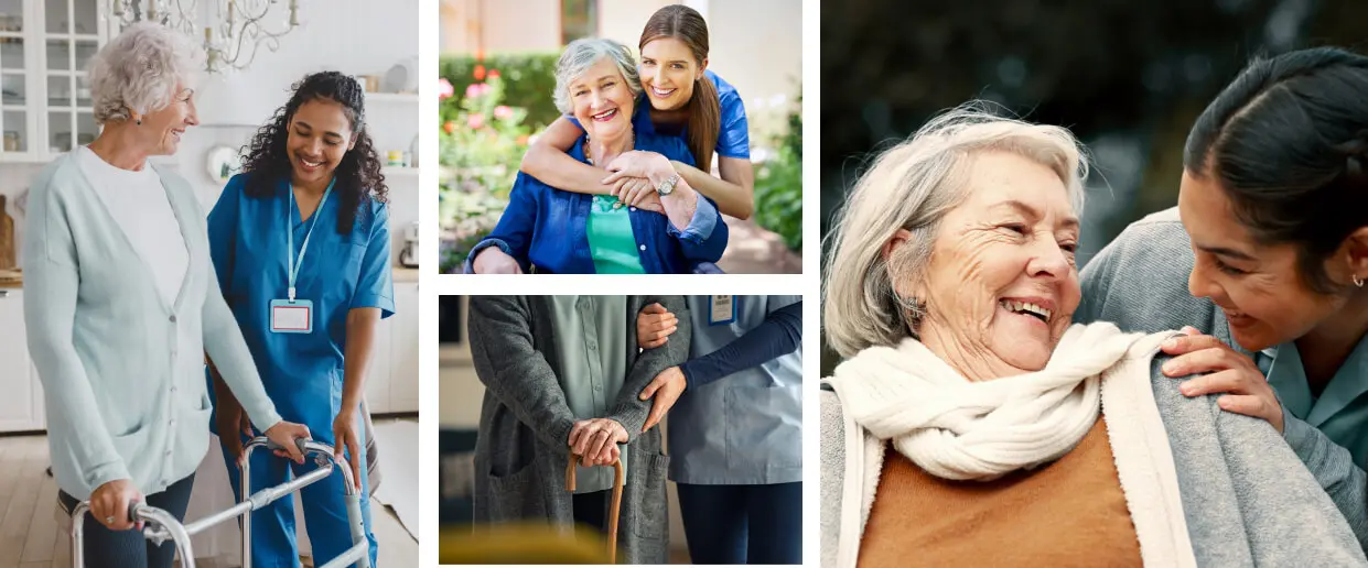 A young woman embracing an elderly woman outdoors with a loving smile.
