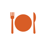 Orange dining icon with plate, fork, and knife.