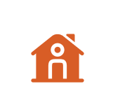 Orange house icon with a keyhole and chimney on a white background.